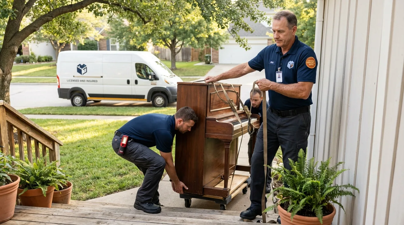 Licensed piano movers securing grand piano in Salem, NJ