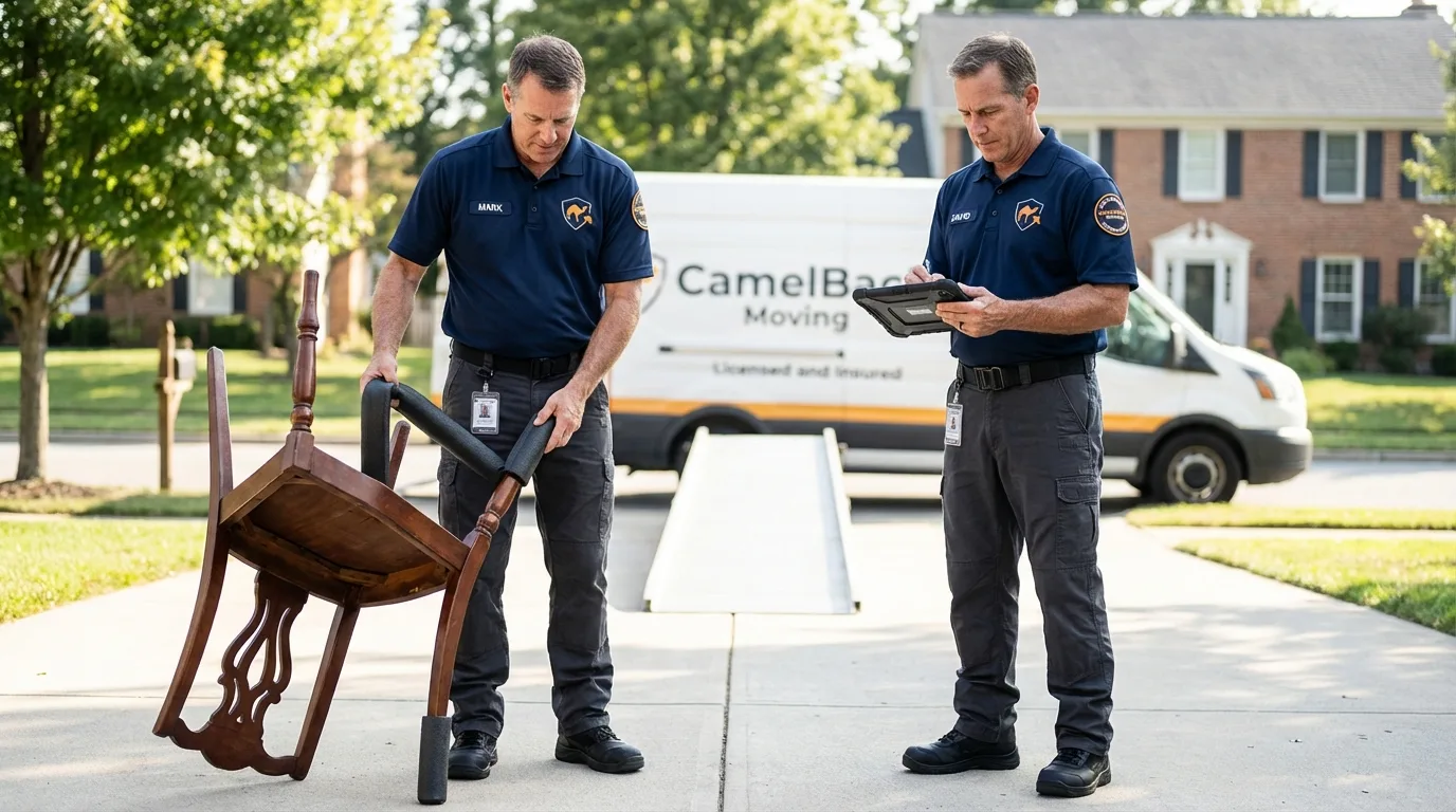 Movers inspecting furniture for damage prevention before loading in Salem, NJ