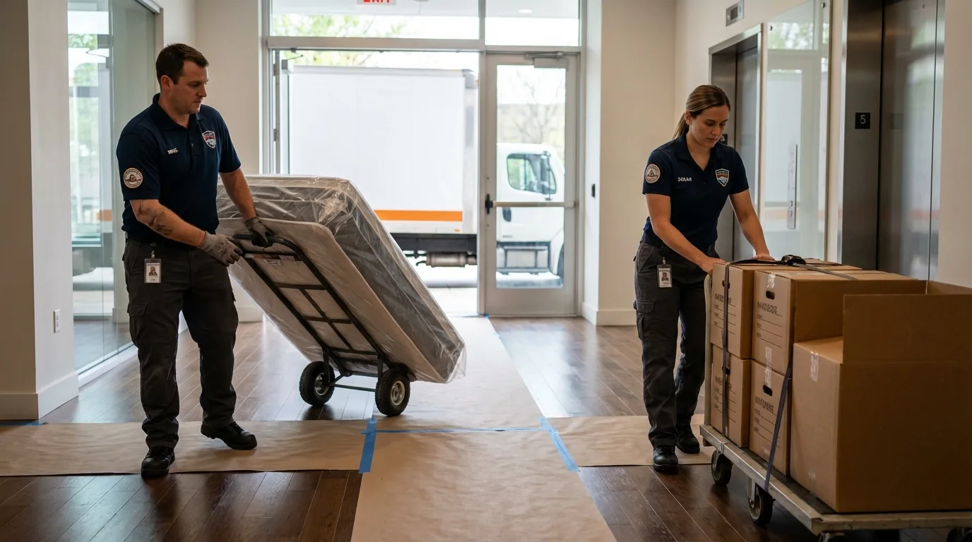 Professional apartment movers loading elevator in Salem, NJ