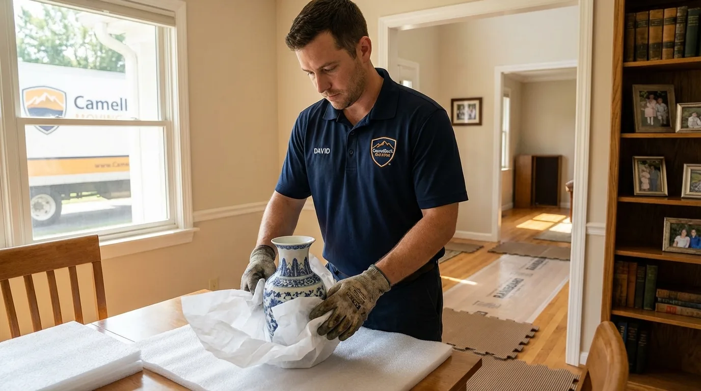 Professional crew carefully wrapping antique vase for senior downsizing move in Salem, NJ
